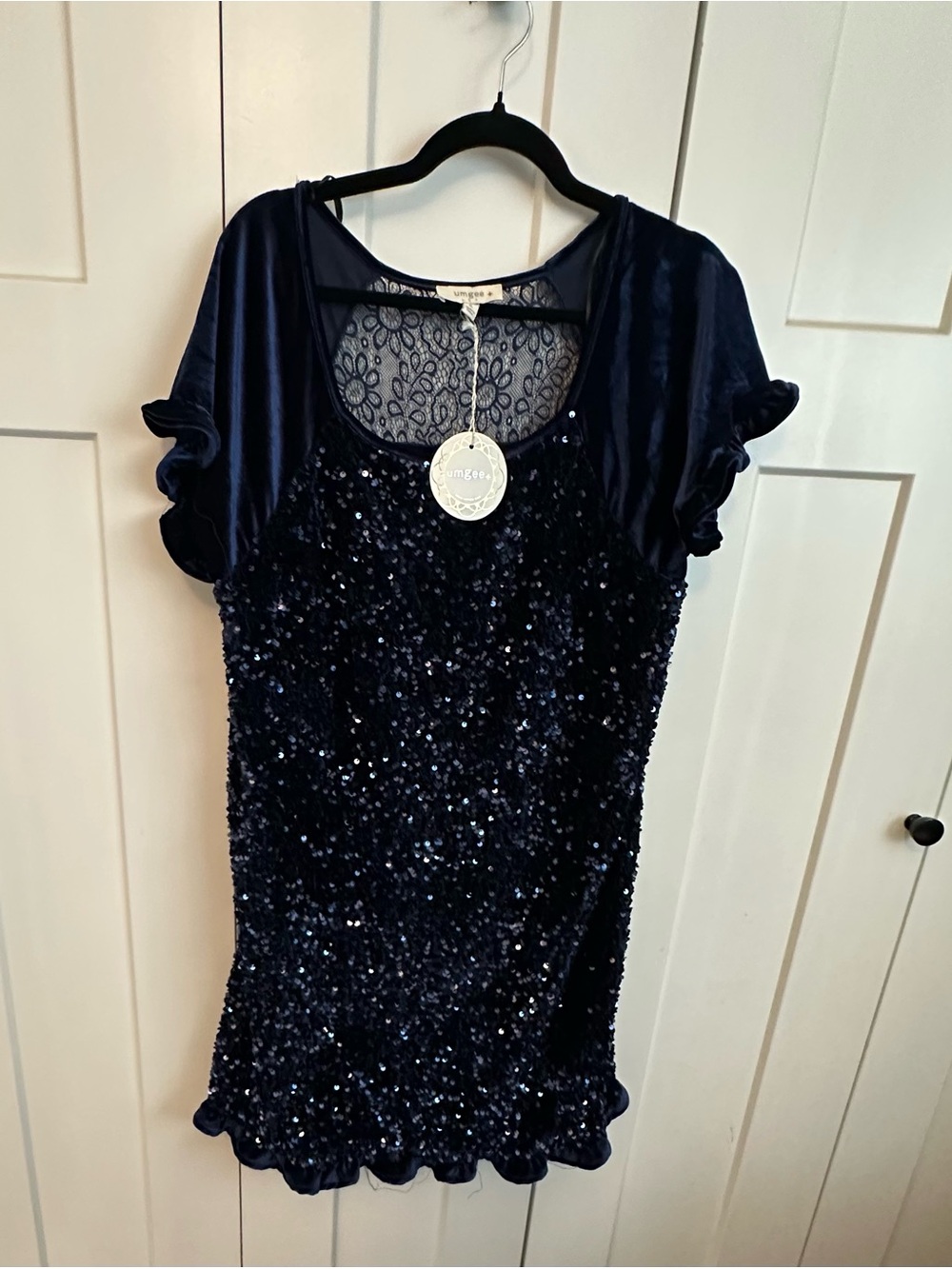 Umgee Navy Sequin Lace Neckline Dress